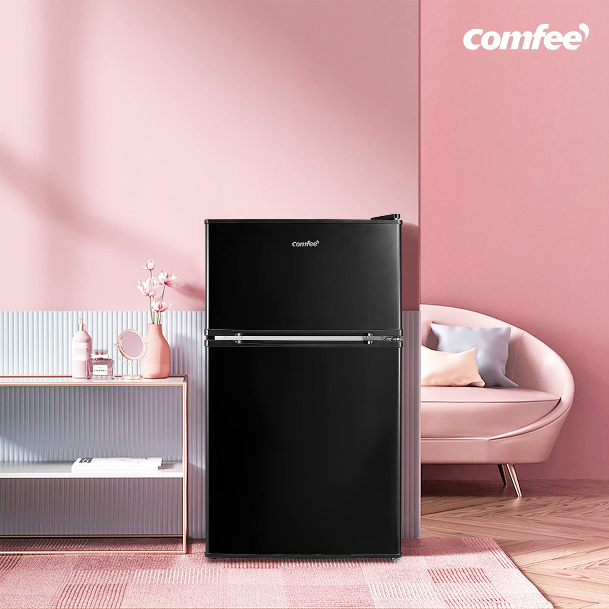 COMFEE' RCT87BL2(E) Under Counter Fridge Freezer, 87L Double Door Small Fridge Freezer with Light
