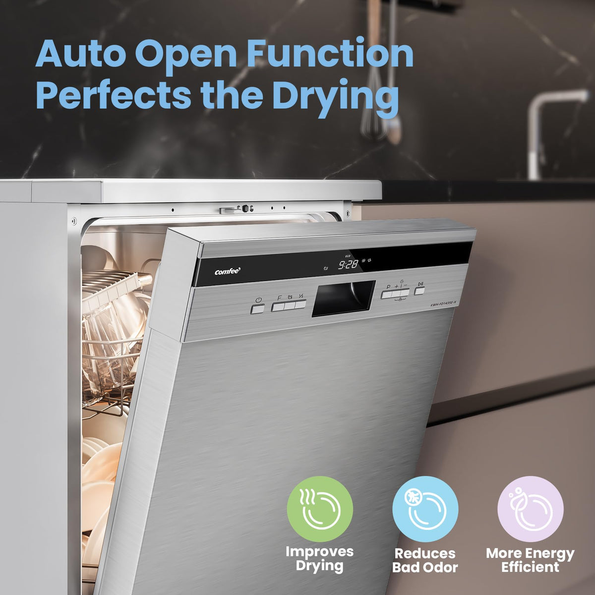 COMFEE' Freestanding Dishwasher FD1435E-X with 14 place settings, Full Size, Whisper Quiet 44dB