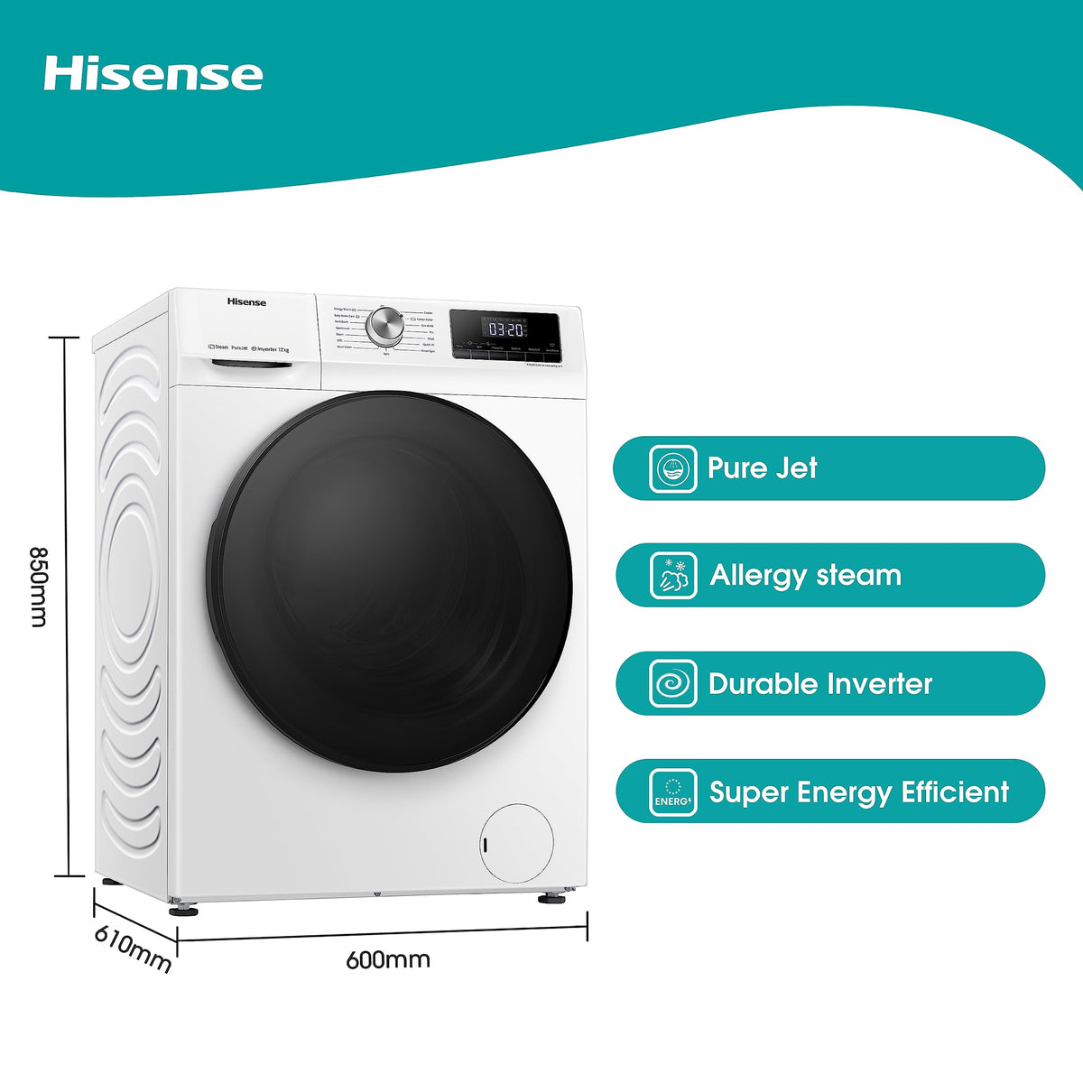 Freestanding Front Load Washing Machine – 12kg, Inverter Motor, 15 Programs, Quick & Steam Wash, 1400 RPM, White, Energy Class A