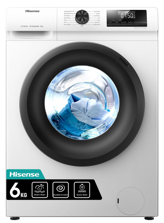 Freestanding Front Load Washing Machine – 6kg, Inverter Motor, 15 Programs, Quick & Steam Wash, 1200 RPM, White, Energy Class C
