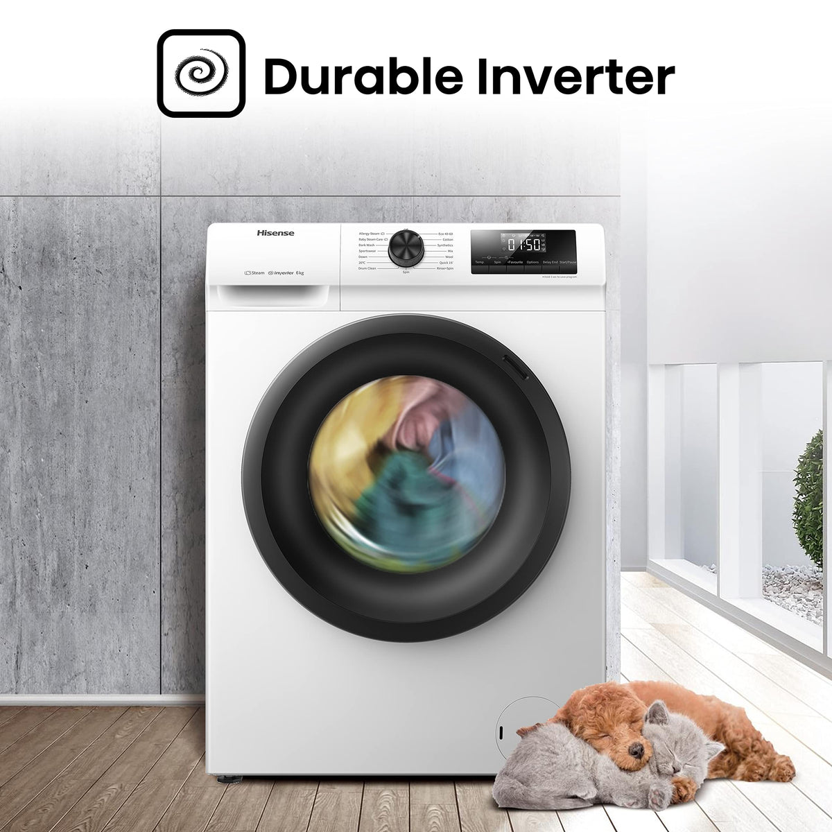 Freestanding Front Load Washing Machine – 6kg, Inverter Motor, 15 Programs, Quick & Steam Wash, 1200 RPM, White, Energy Class C