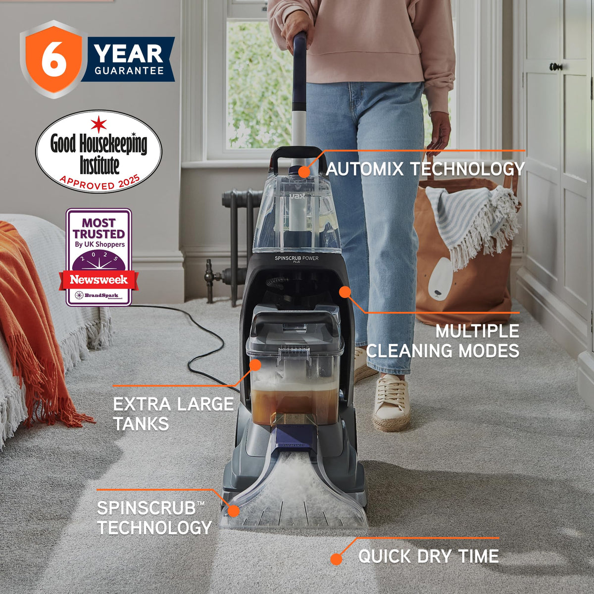 Vax SpinScrub Power Plus Carpet Cleaner Machine, Rug, Upholstery, Car, Stair Upright Shampooer Washer